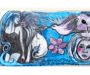 Blaues gemaltes Bild mit Frau und Löwe und Vögel